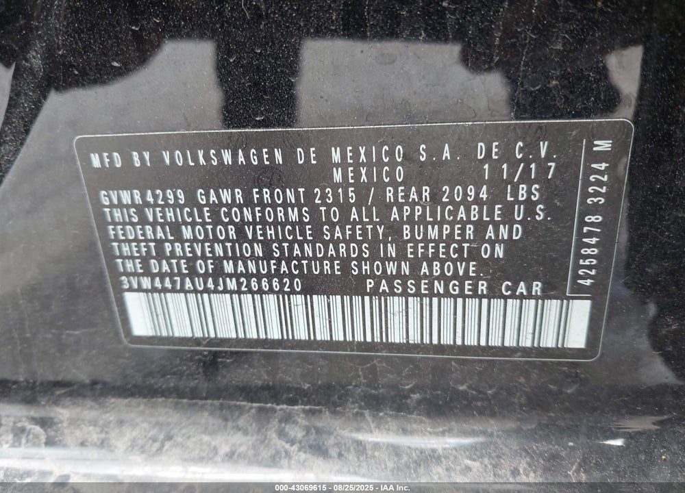 2018 VOLKSWAGEN GOLF VIN: 3VW447AU4JM266620