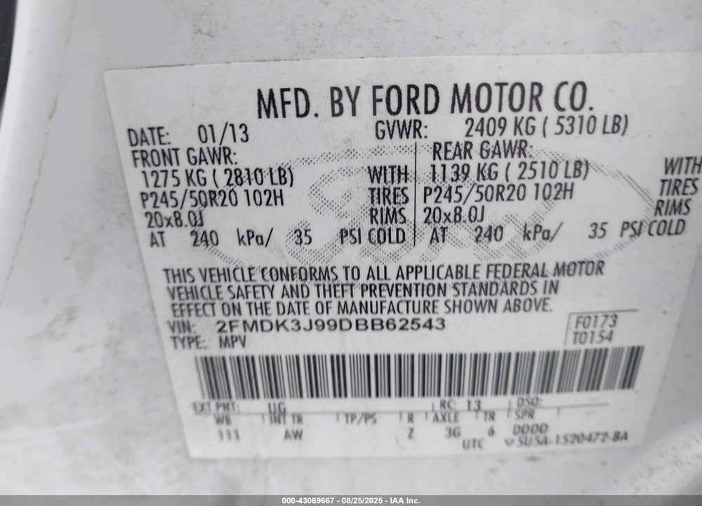 2013 FORD EDGE VIN: 2FMDK3J99DBB62543