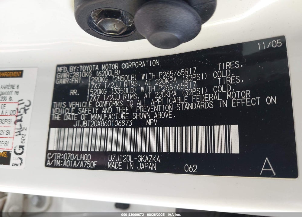 2006 LEXUS GX 470 VIN: JTJBT20X860106873