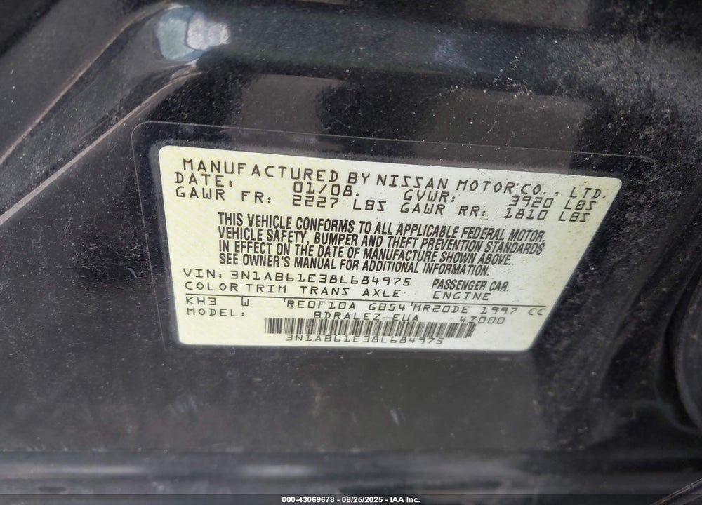 2008 NISSAN SENTRA VIN: 3N1AB61E38L684975