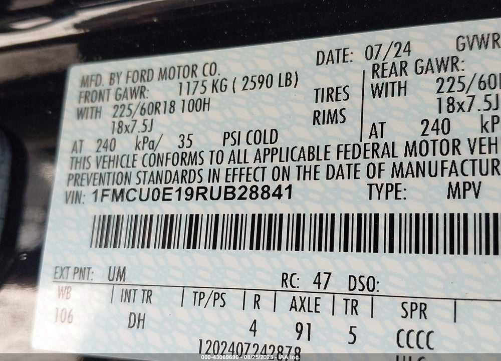 2024 FORD ESCAPE PHEV VIN: 1FMCU0E19RUB28841