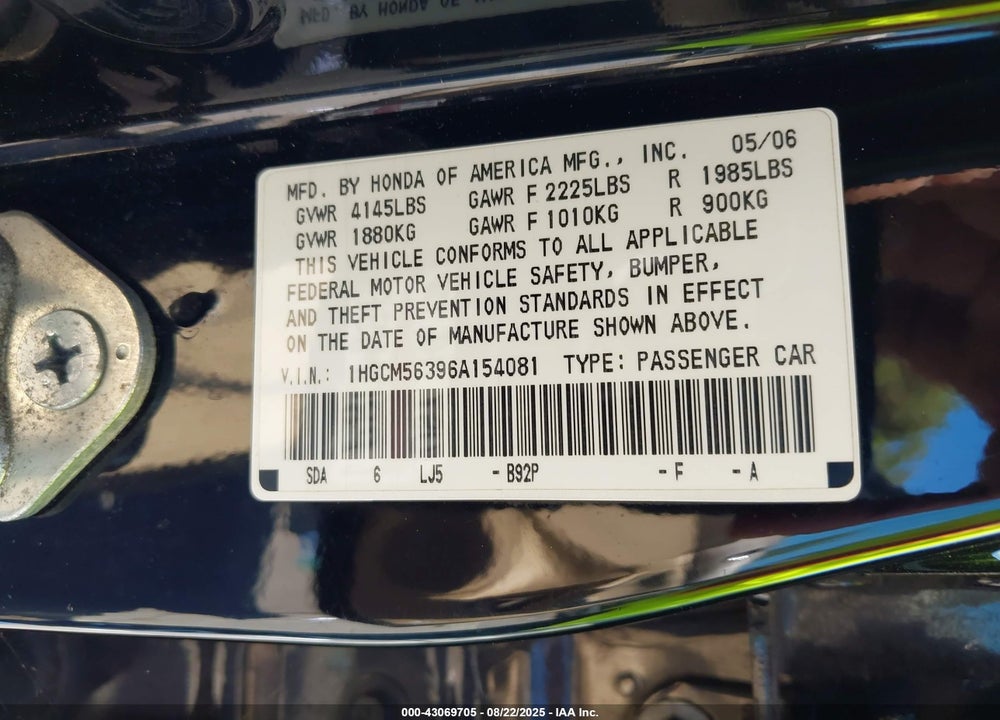 2006 HONDA ACCORD VIN: 1HGCM56396A154081