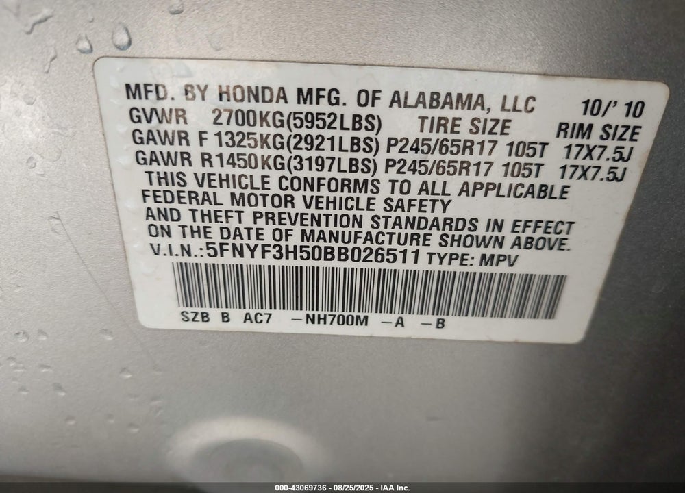 2011 HONDA PILOT VIN: 5FNYF3H50BB026511