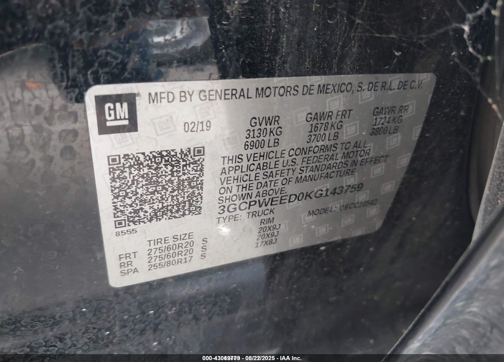2019 CHEVROLET SILVERADO 1500 VIN: 3GCPWEED0KG143759