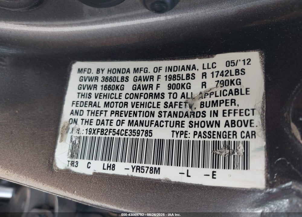 2012 HONDA CIVIC VIN: 19XFB2F54CE359785