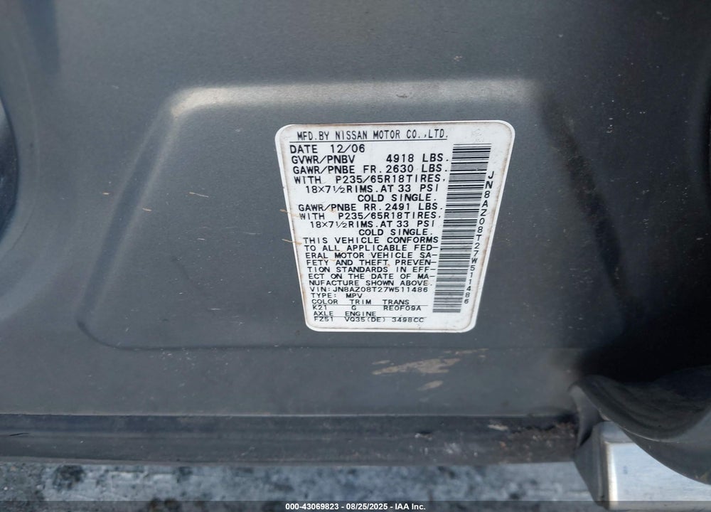 2007 NISSAN MURANO SL VIN: JN8AZ08T27W511486