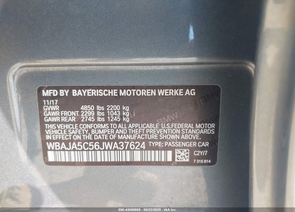 2018 BMW 530I VIN: WBAJA5C56JWA37624