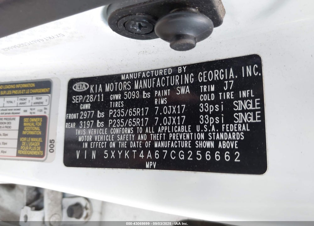 2012 KIA SORENTO VIN: 5XYKT4A67CG256662