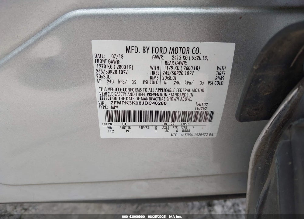 2018 FORD EDGE VIN: 2FMPK3K98JBC46280