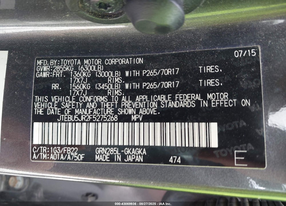 2015 TOYOTA 4RUNNER VIN: JTEBU5JR2F5275268