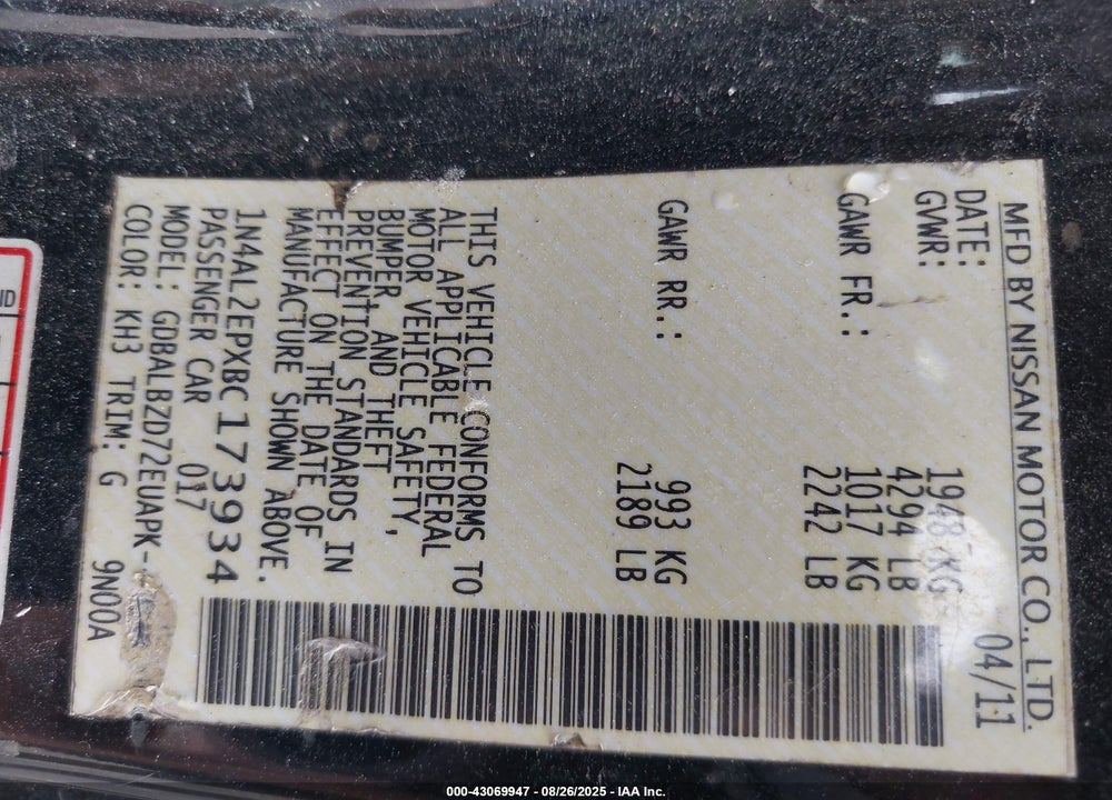 2011 NISSAN ALTIMA VIN: 1N4AL2EPXBC173934