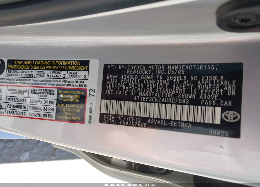 2010 TOYOTA CAMRY VIN: 4T1BF3EK7AU007083
