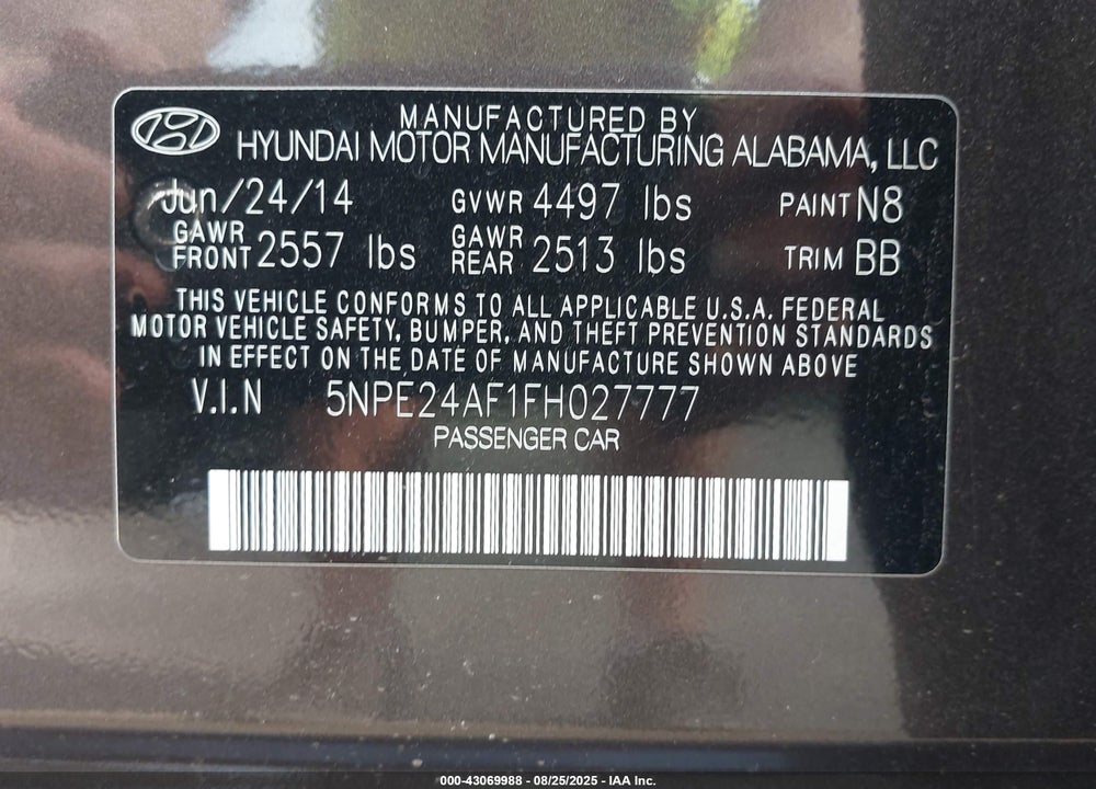 2015 HYUNDAI SONATA VIN: 5NPE24AF1FH027777