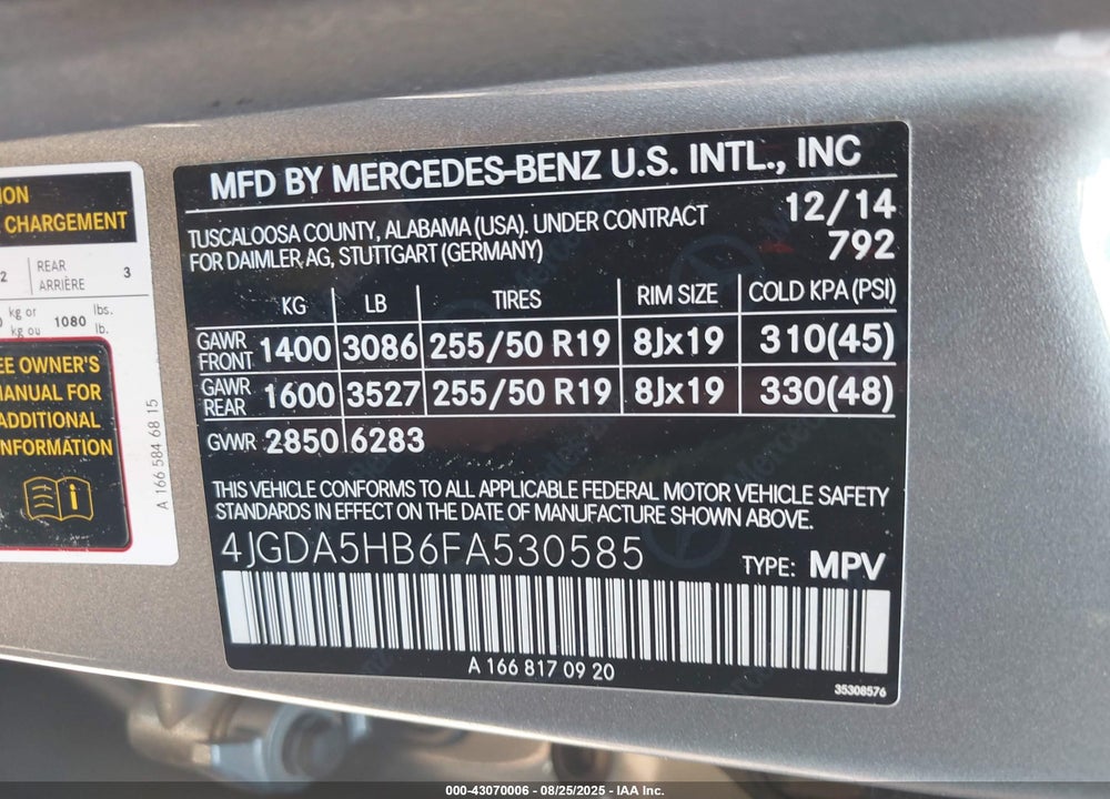 2015 MERCEDES-BENZ ML 350 4MATIC VIN: 4JGDA5HB6FA530585