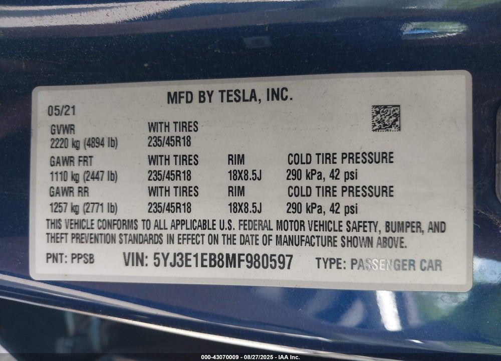 2021 TESLA MODEL 3 LONG RANGE DUAL MOTOR ALL-WHEEL DRIVE VIN: 5YJ3E1EB8MF980597