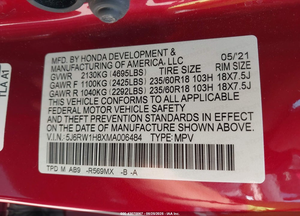 2021 HONDA CR-V 2WD EX-L VIN: 5J6RW1H8XMA006484