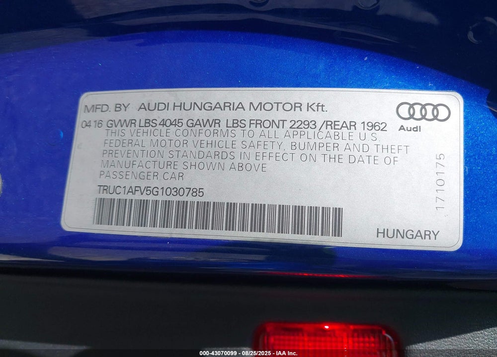 2016 AUDI TTS VIN: TRUC1AFV5G1030785