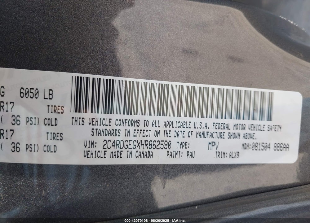 2017 DODGE GRAND CARAVAN GT VIN: 2C4RDGEGXHR862590
