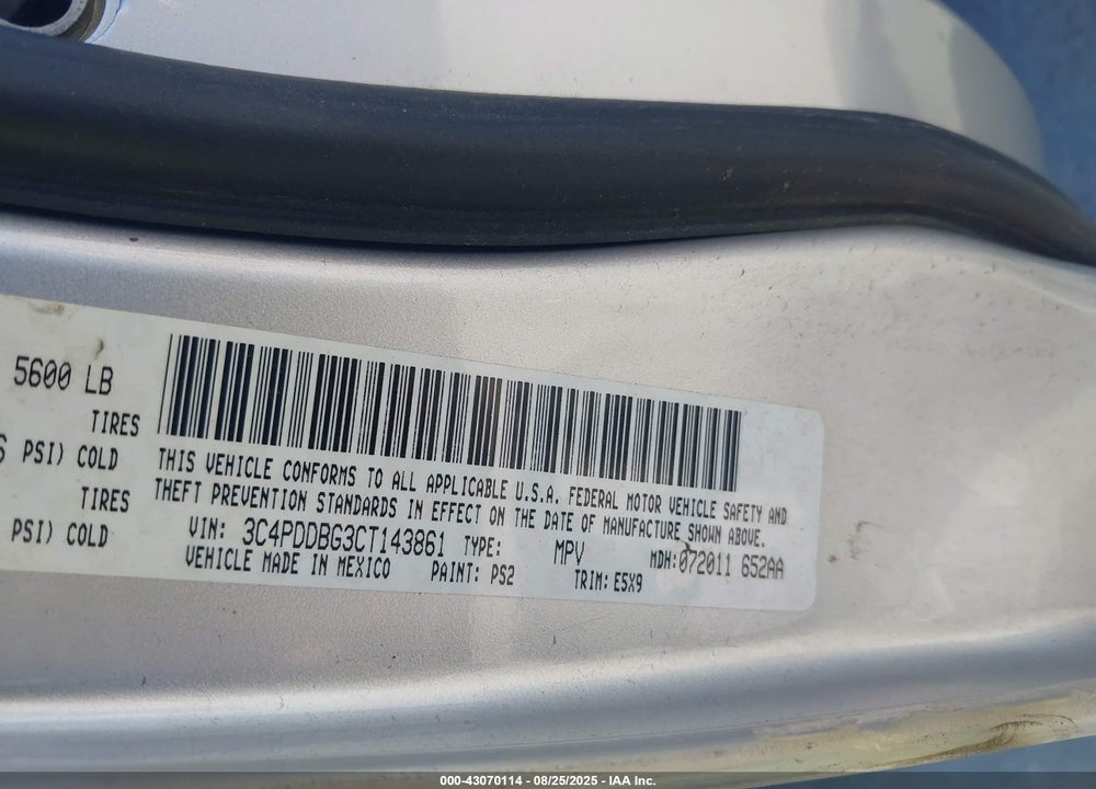 2012 DODGE JOURNEY SXT VIN: 3C4PDDBG3CT143861