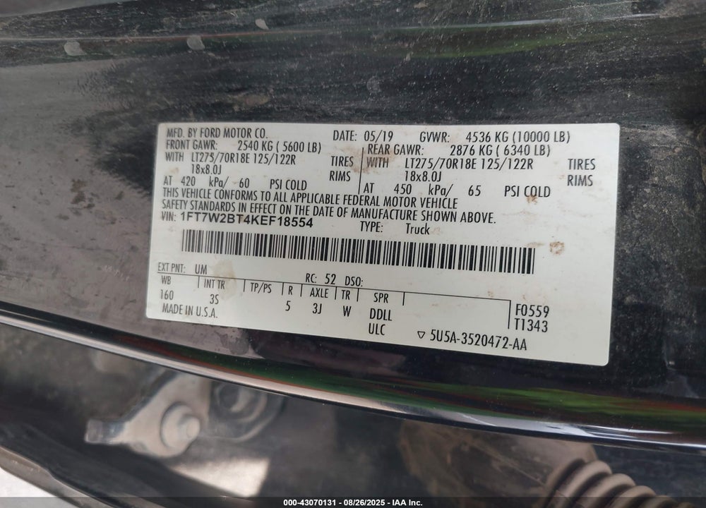 2019 FORD F-250 VIN: 1FT7W2BT4KEF18554