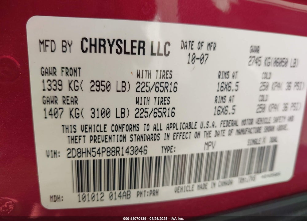 2008 DODGE GRAND CARAVAN SXT VIN: 2D8HN54P88R143046