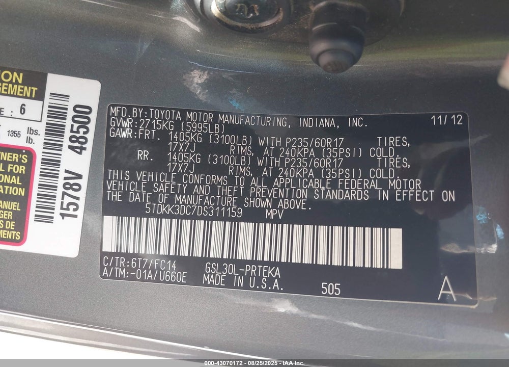 2013 TOYOTA SIENNA LE V6 8 PASSENGER VIN: 5TDKK3DC7DS311159