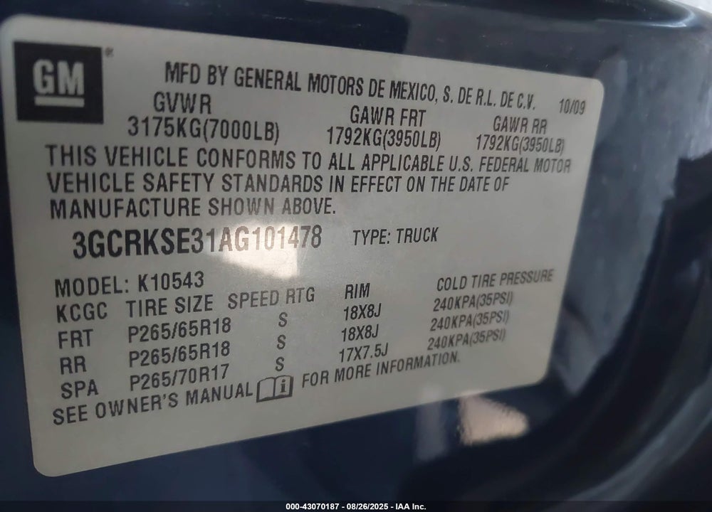 2010 CHEVROLET SILVERADO 1500 VIN: 3GCRKSE31AG101478