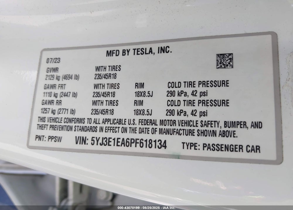 2023 TESLA MODEL 3 VIN: 5YJ3E1EA6PF618134