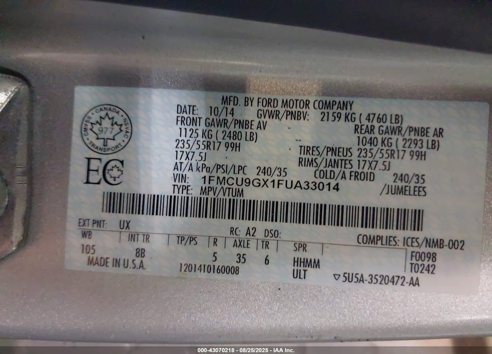 2015 FORD ESCAPE SE VIN: 1FMCU9GX1FUA33014