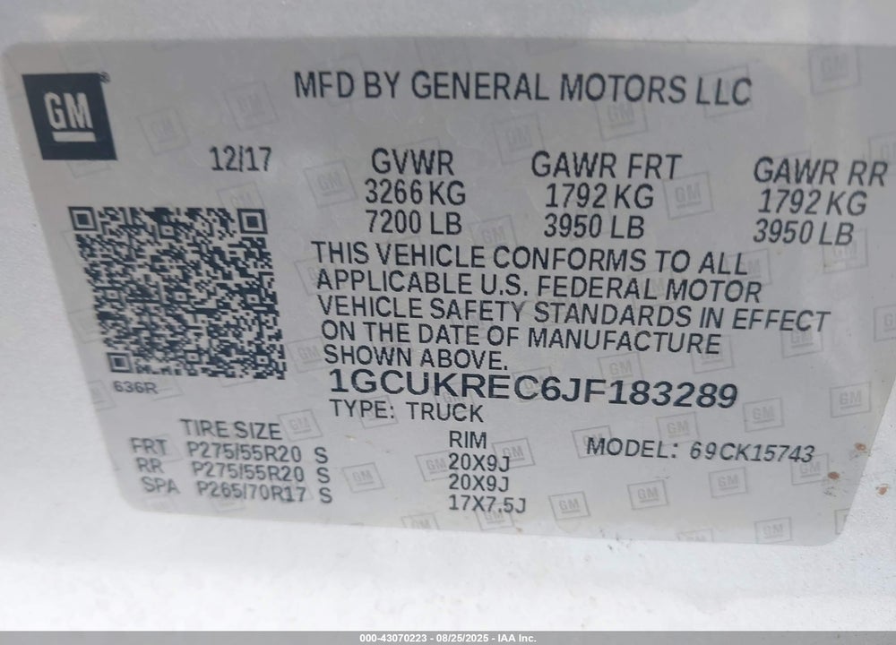 2018 CHEVROLET SILVERADO 1500 VIN: 1GCUKREC6JF183289