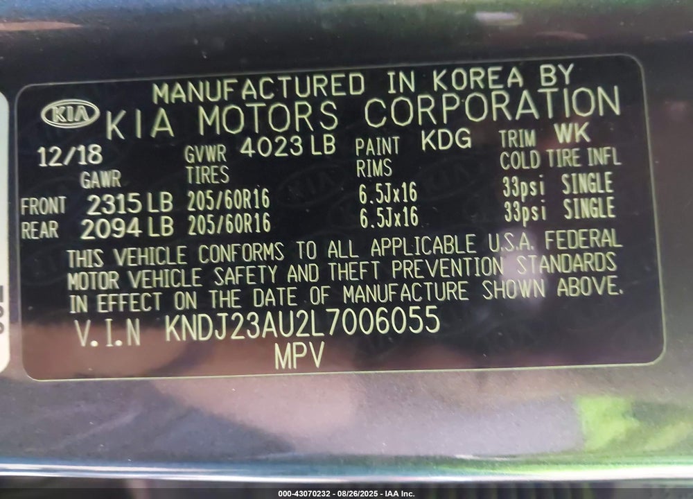 2020 KIA SOUL VIN: KNDJ23AU2L7006055