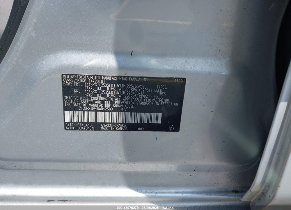 2011 TOYOTA RAV4 LIMITED V6 VIN: 2T3DK4DV4BW042503