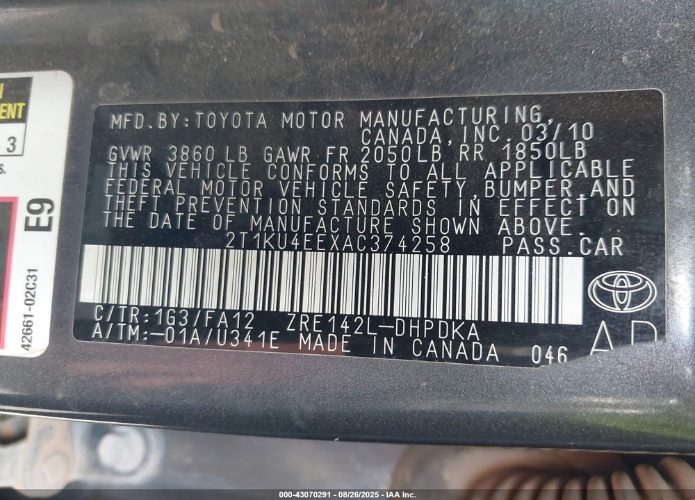 2010 TOYOTA MATRIX VIN: 2T1KU4EEXAC374258