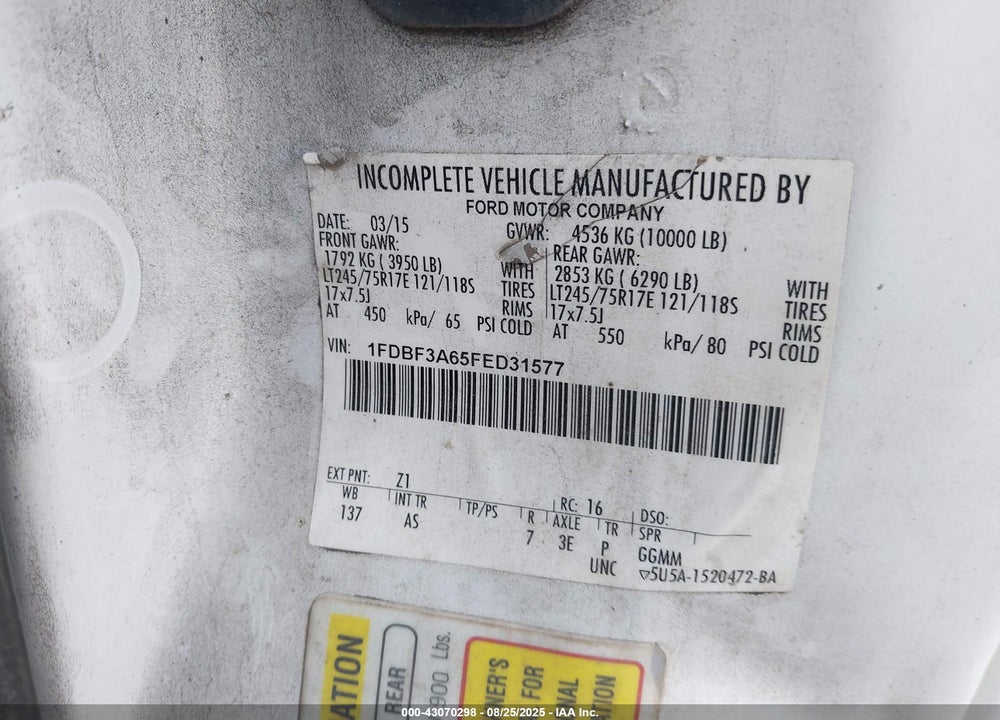 2015 FORD F 350 VIN: 1FDBF3A65FED31577