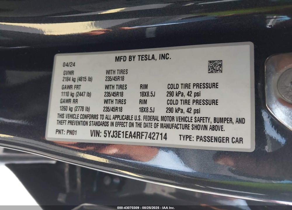 2024 TESLA MODEL 3 VIN: 5YJ3E1EA4RF742714