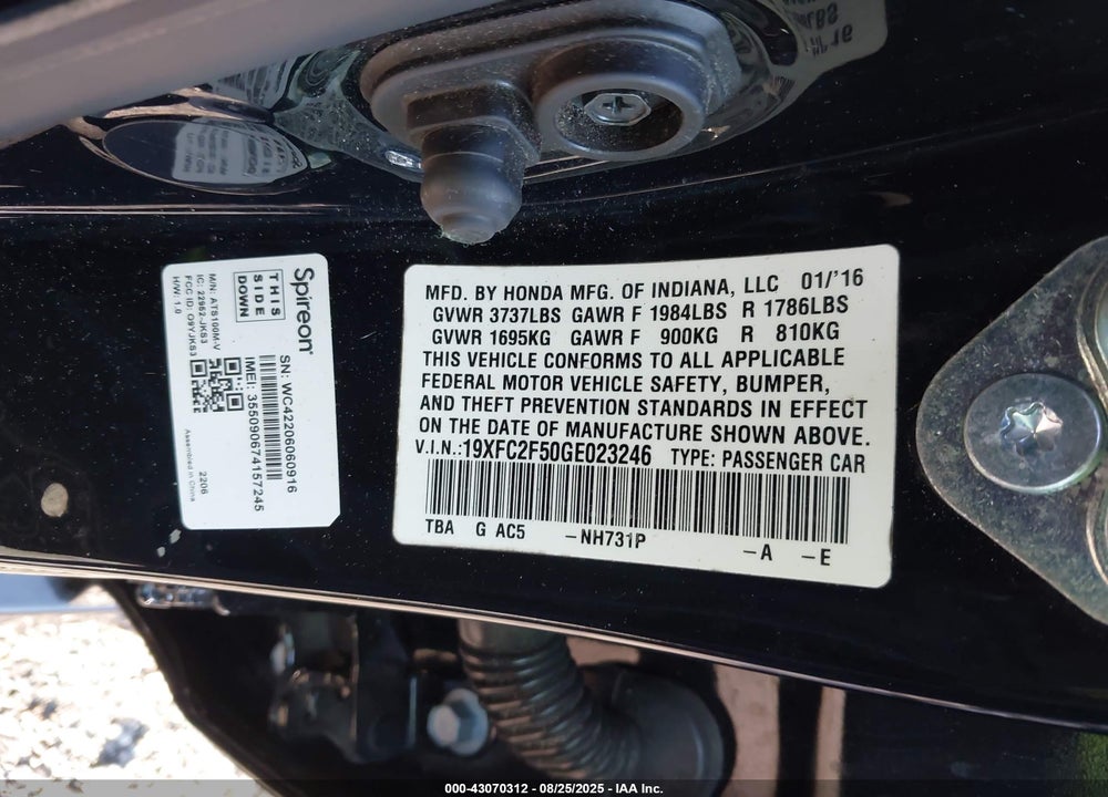 2016 HONDA CIVIC LX VIN: 19XFC2F50GE023246
