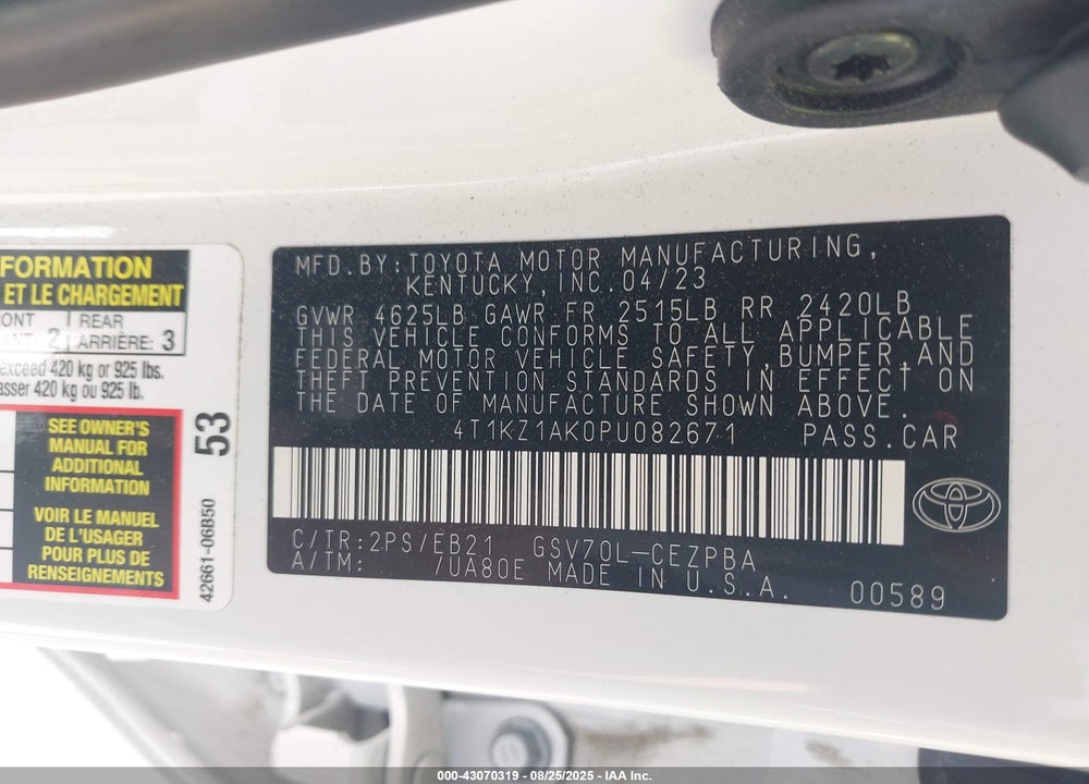 2023 TOYOTA CAMRY VIN: 4T1KZ1AK0PU082671