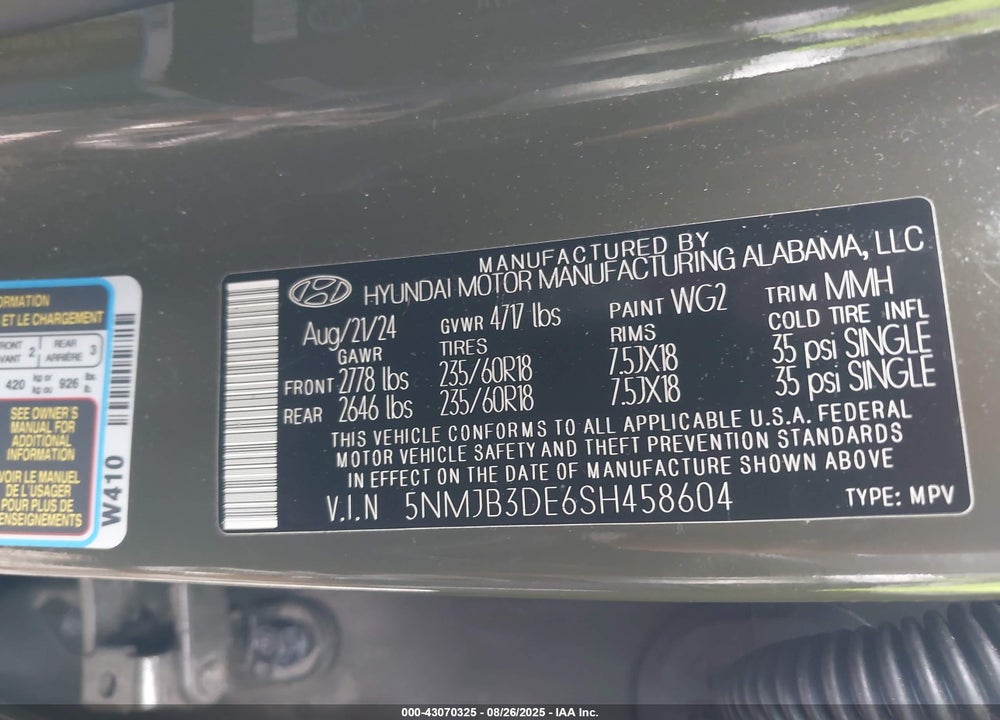 2025 HYUNDAI TUCSON SEL VIN: 5NMJB3DE6SH458604