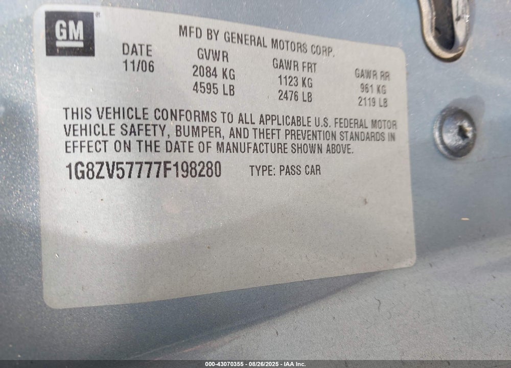 2007 SATURN AURA VIN: 1G8ZV57777F198280