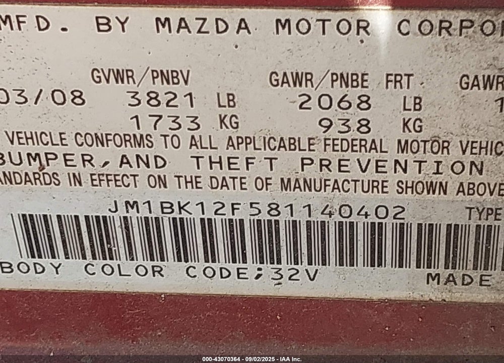 2008 MAZDA 3 I SPORT VIN: JM1BK12F581140402