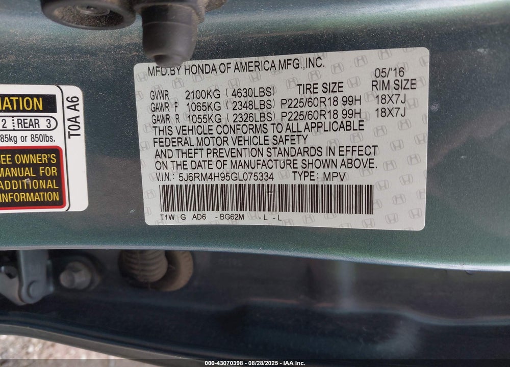 2016 HONDA CR-V VIN: 5J6RM4H95GL075334