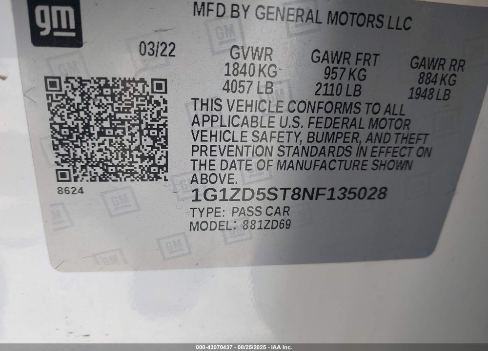 2022 CHEVROLET MALIBU VIN: 1G1ZD5ST8NF135028