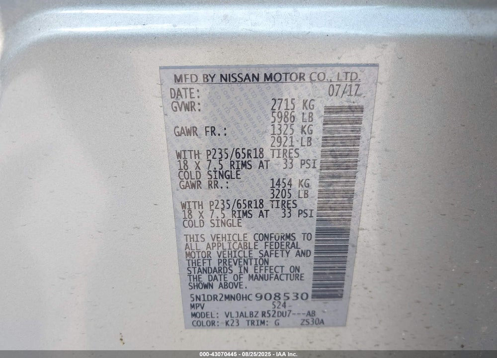 2017 NISSAN PATHFINDER VIN: 5N1DR2MN0HC908530