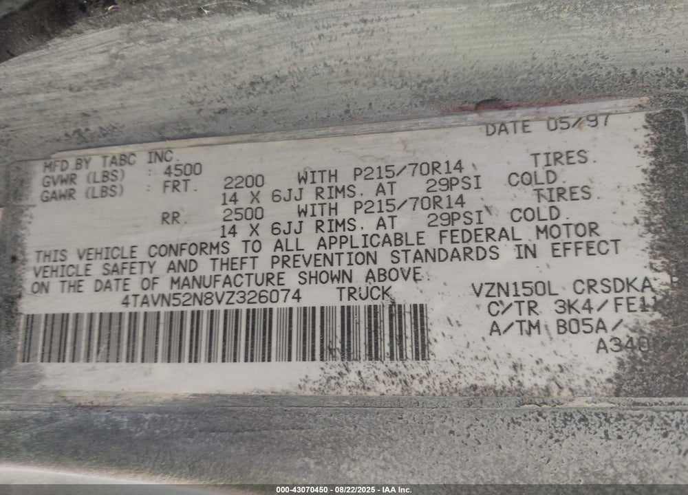 1997 TOYOTA TACOMA BASE V6 VIN: 4TAVN52N8VZ326074