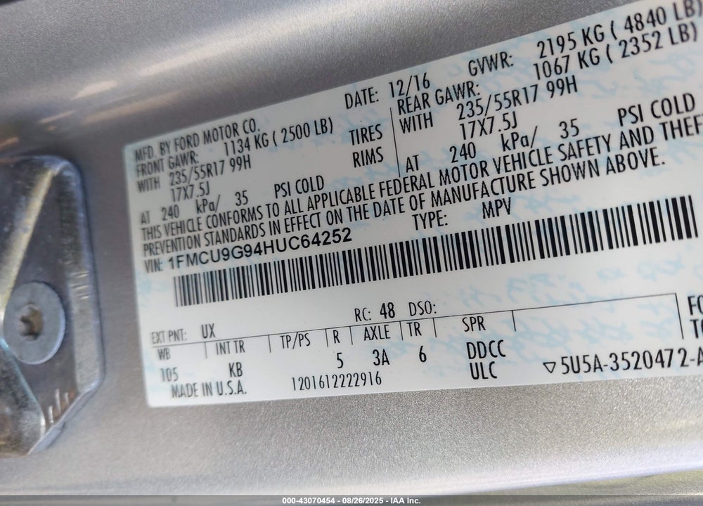 2017 FORD ESCAPE VIN: 1FMCU9G94HUC64252
