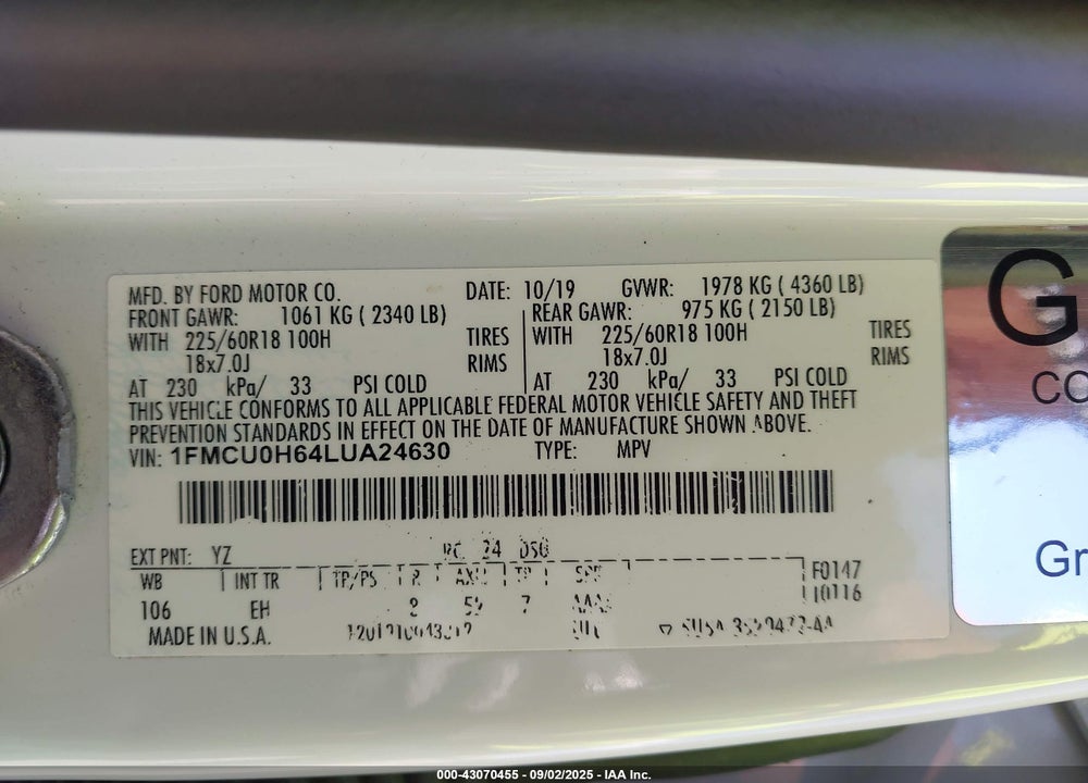 2020 FORD ESCAPE VIN: 1FMCU0H64LUA24630