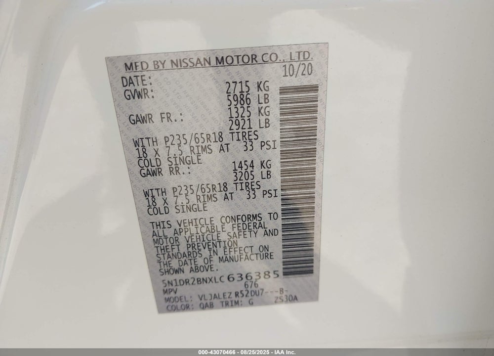 2020 NISSAN PATHFINDER VIN: 5N1DR2BNXLC636385