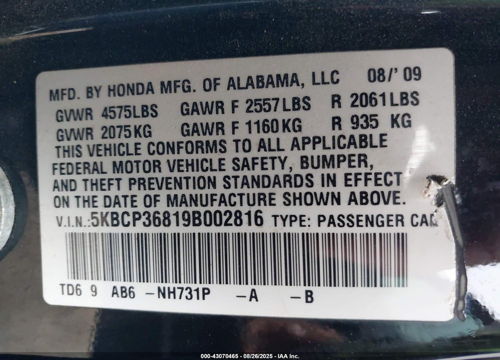 2009 HONDA ACCORD VIN: 5KBCP36819B002816