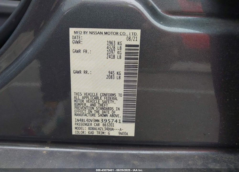 2021 NISSAN ALTIMA VIN: 1N4BL4DV3MN395741