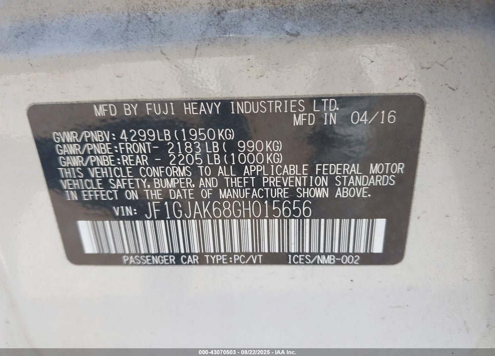 2016 SUBARU IMPREZA VIN: JF1GJAK68GH015656